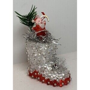 Vintage Push Pin Bead Sequin Boot Christmas Tree Ornament Santa Tinsel Holiday